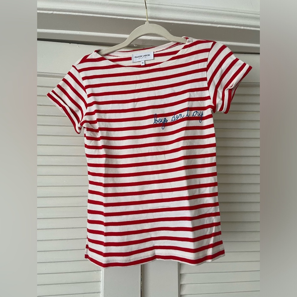Red and white striped tshirt with embroidery size XS